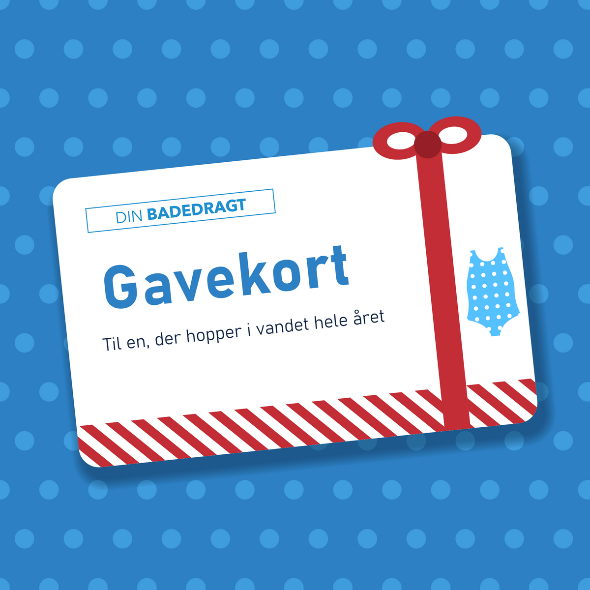 Gavekort til Din Badedragt med prikker, rødt gavebånd og en lille badedragt